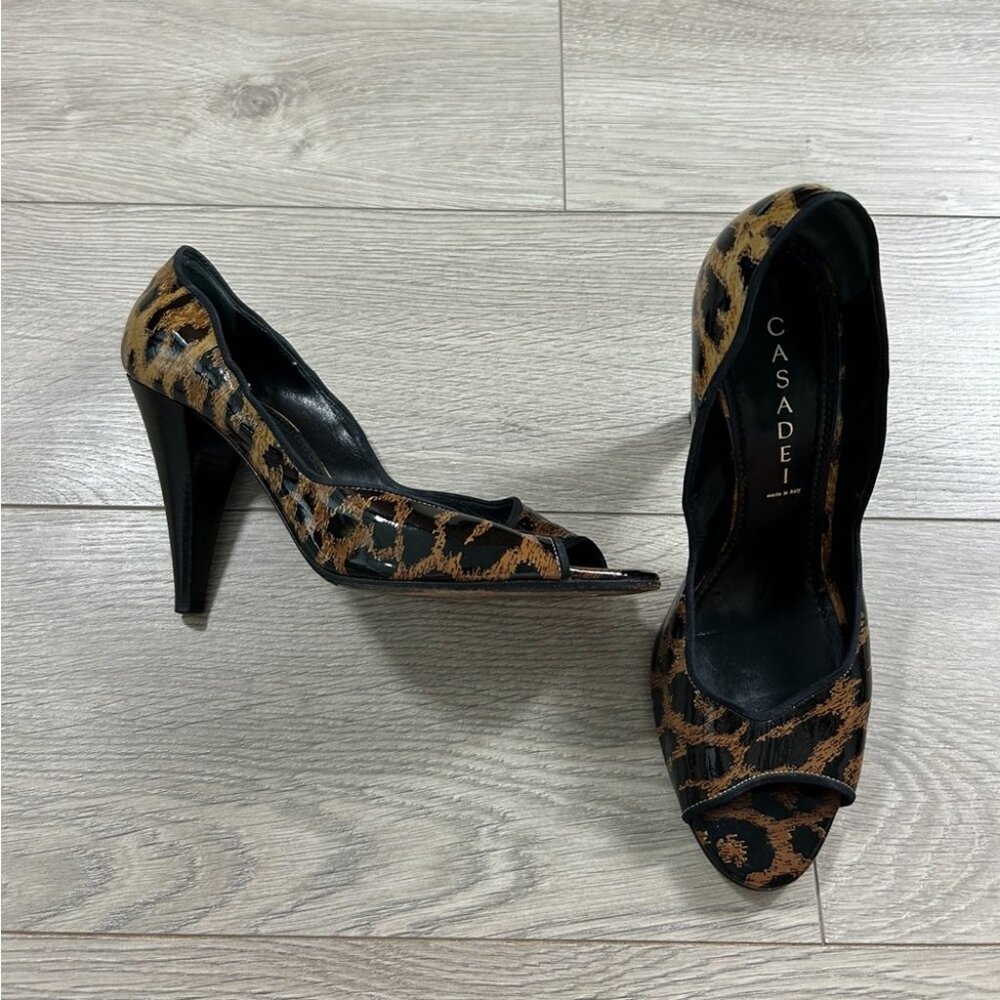 Casadei Animal Print Patent Leather Peeptoe Heels